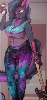 Stylish animal with galaxy leggings holding coffee in colorful artwork.