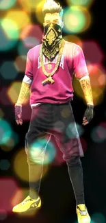 Game character in stylish attire on black background.