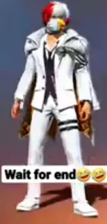 Gamer in white suit with mask on dynamic background.