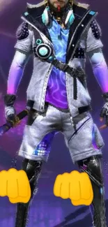 Stylish gamer with a futuristic look set against a vibrant purple backdrop.