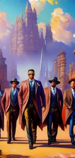 Stylish gentlemen in suits walking in a vibrant fantasy cityscape