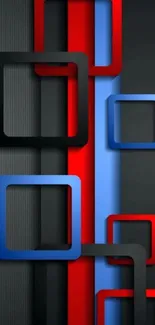 Geometric wallpaper with red, blue, and black squares.