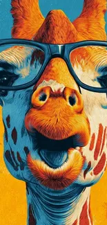 Illustrated giraffe wearing glasses on a vibrant background.