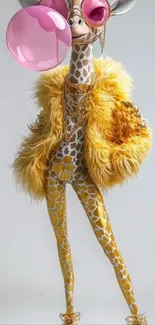 Giraffe in trendy outfit blowing bubblegum.