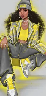 Illustrated girl in stylish outfit with vibrant yellow highlights.