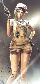 Cartoon girl with hat and overalls holding a smoking gun.