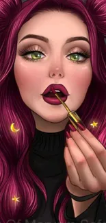 Illustrated girl applying lipstick with burgundy hair on mobile wallpaper.