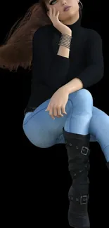 3D girl in a stylish black outfit with denim on a black background.