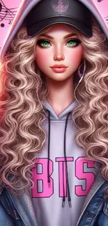 Vibrant 4K phone wallpaper of a stylish girl with curly hair and music theme.