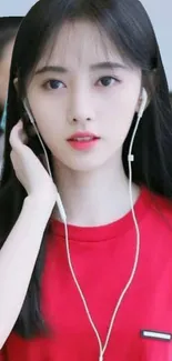 Young woman in red shirt with earphones, stylish mobile wallpaper.