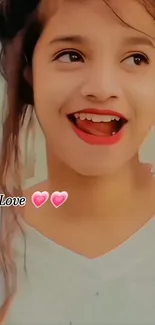 Girl smiling with 'My Love' text and heart icons.