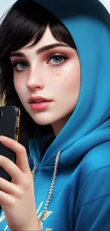 Stylish girl in blue hoodie holding a smartphone, artistic mobile wallpaper.