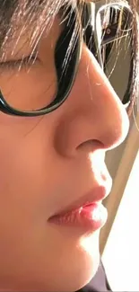 Close-up profile with glasses in sunlight, showcasing serenity.