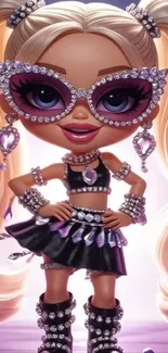 Cute glittery doll in fashionable outfit with sparkling accessories.