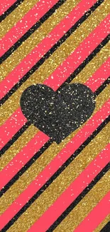 Glitter heart wallpaper with pink, gold, and black diagonal stripes.