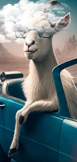 Goat wearing glasses in blue car amid desert scene.