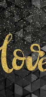 Gold 'Love' text on black geometric pattern wallpaper.