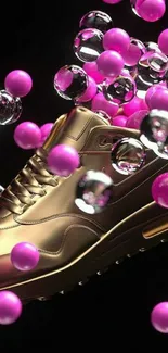 Golden sneaker with pink spheres on black background.