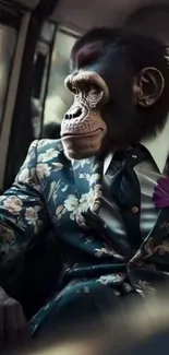 Gorilla in a floral suit, seated in a car, blends elegance and nature.