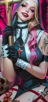 Gothic anime character with cross and skulls.
