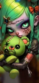 Gothic doll with neon green hair and teddy bear.