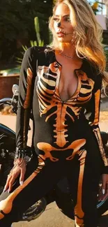 Gothic fashion with skeleton suit and motorcycle in outdoor setting.