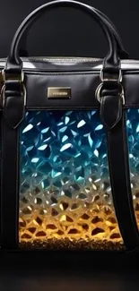 Elegant handbag with blue and gold gradient design.