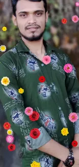 Person in stylish green shirt against blurred natural background.