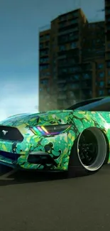 Green car wallpaper with graffiti design.