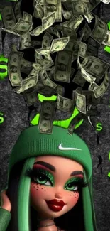 Green-themed character with dollar signs and money.