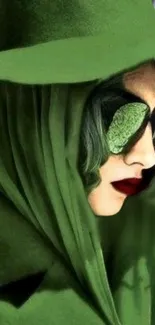 Mysterious woman in green outfit with stylish hat and sunglasses.