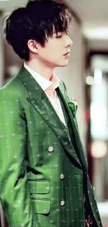 Portrait of a person in a stylish green suit leaned against a wall.