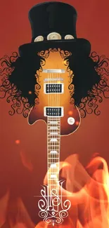 Stylized guitar with a top hat on a brown background wallpaper.