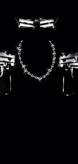 Dark wallpaper with guns and chain design sparkling on black background.