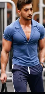 Stylish athletic man in blue shirt walking confidently.