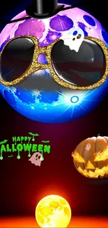 Halloween wallpaper with festive moon, pumpkin, and glowing design.