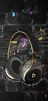 Black and gold headphone with music notes wallpaper.