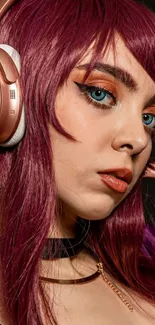 Portrait of person with purple hair and stylish headphones.