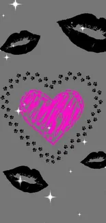 Stylish wallpaper with pink heart and black lips on gray background with sparkles.