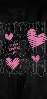 Alpha Epsilon Phi black wallpaper with pink hearts.