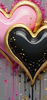 Two hearts with gold accents on a stylish wallpaper.