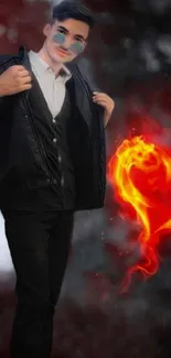 Stylish person with a fiery heart design on a dark smoky background.