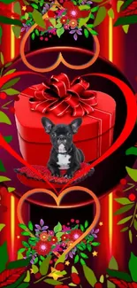 Heart-themed wallpaper with puppy and gift box.