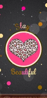 Stylish wallpaper with leopard heart and colorful dots on dark background.