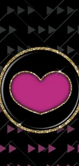 Black wallpaper with pink heart and gold circle design.