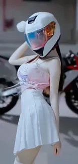 Stylish biker wearing a helmet stands confidently before a motorcycle.