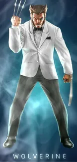 Stylish hero with claws in a suit, dark blue background.