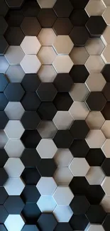 3D hexagonal pattern wallpaper in black and beige hues