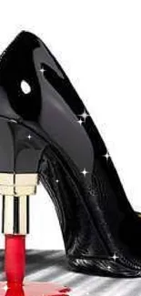 Glossy black high heel shaped like a lipstick on a white background.