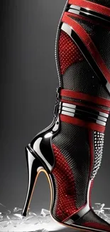 High-heel boot with red accents on a dark background.
